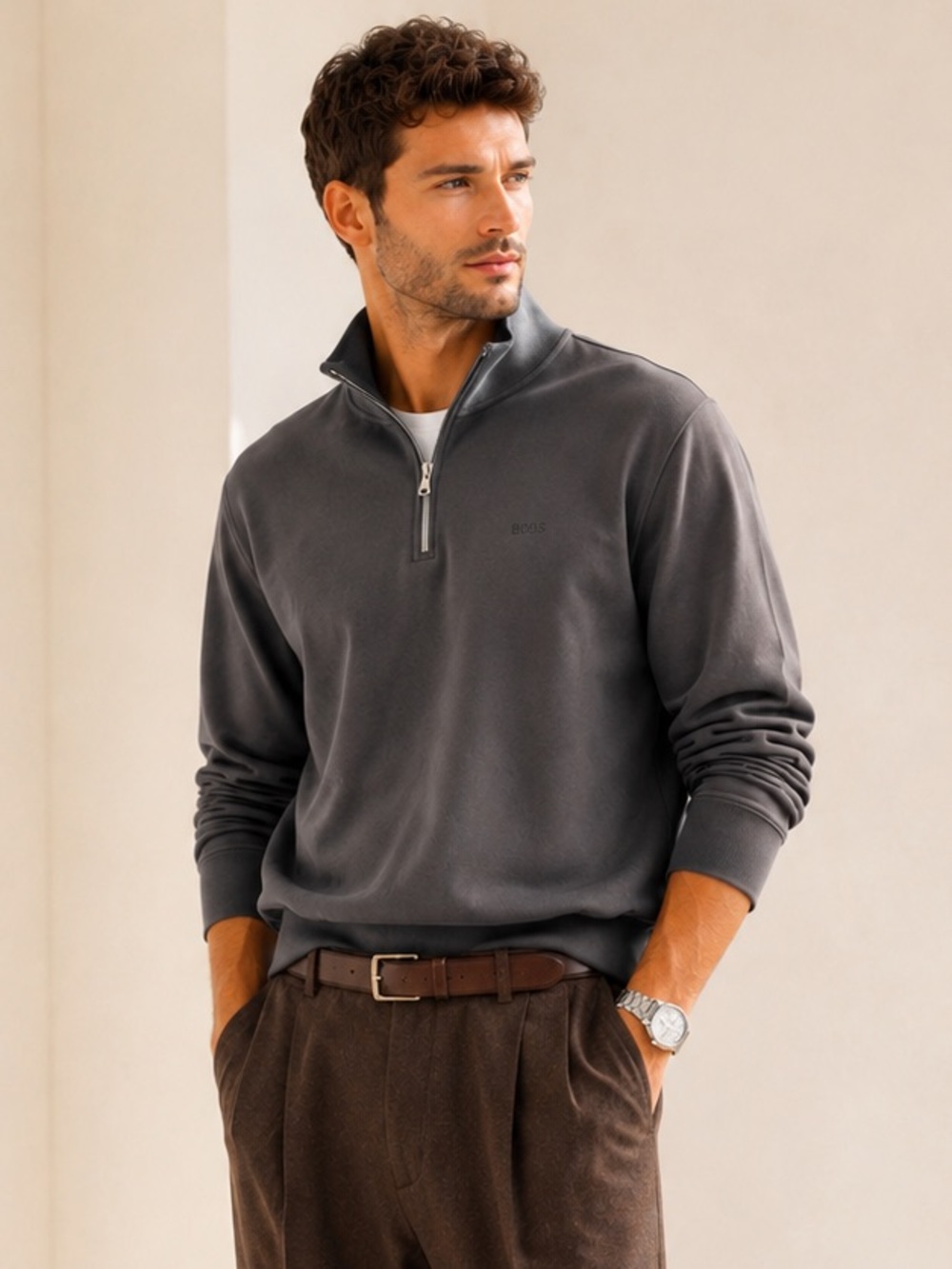 Hugo Boss Minimalist Quarter Zip Sweatshirt Quiet Luxury Cotton Sz XL